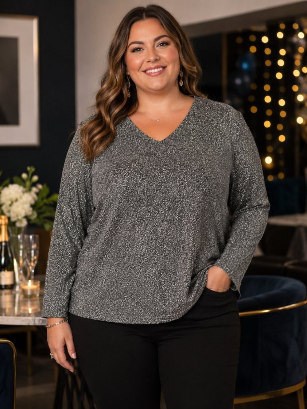 Shimmery Polyester Spandex V-Neck Shirt – Size 2X